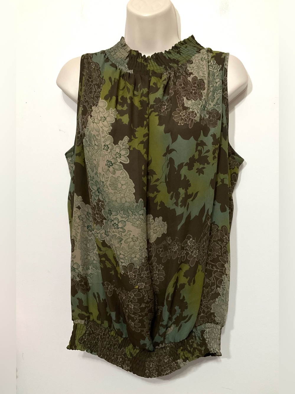 Sleeveless Olive Green Floral Blouse